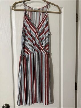 Market & Spruce Striped Sleeveless Wrap Midi Dress in Red, Blue, and Gray